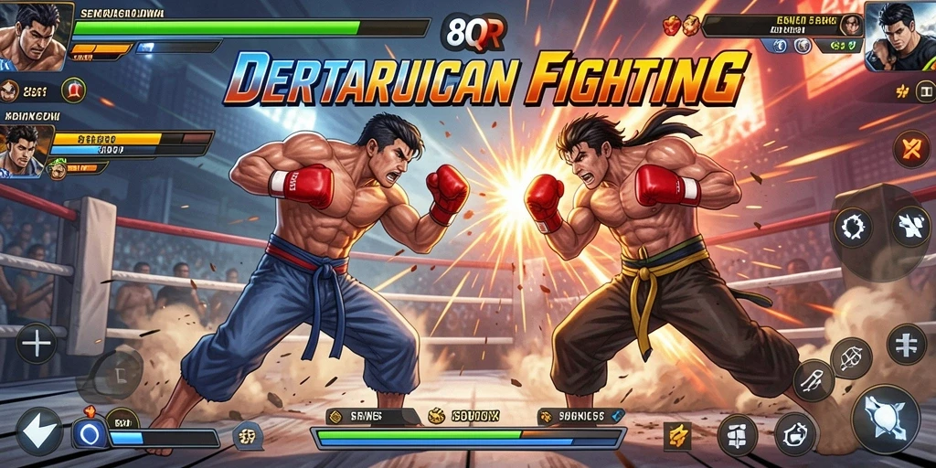 Tampilan seru gameplay 8QR dengan karakter yang beraksi di arena pertarungan.