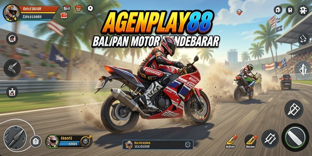 Tangkapan layar AGENPLAY88 menampilkan aksi balapan motor yang seru dan mendebarkan.