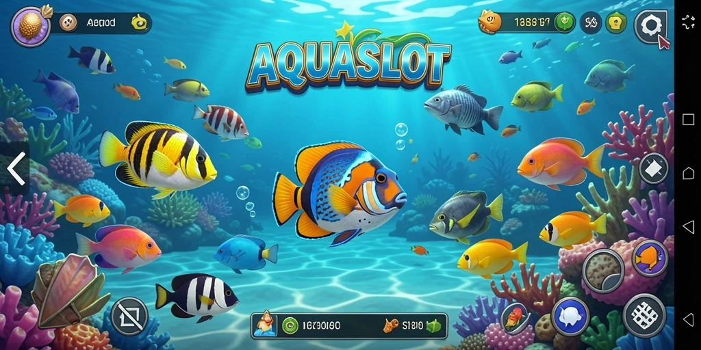 Screenshot gameplay AQUASLOT menampilkan aksi menembak ikan yang seru.