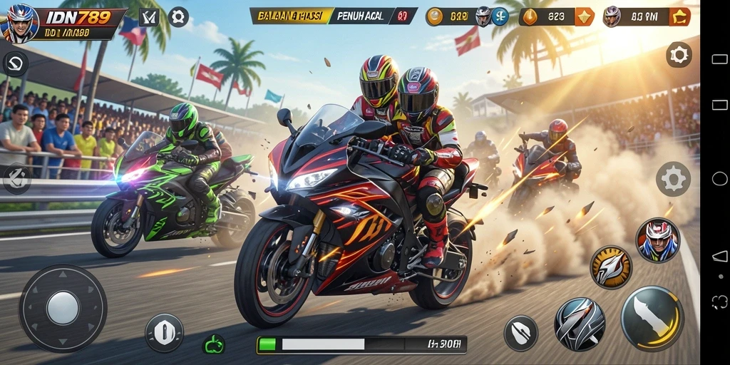 Screenshot gameplay IDN789 menampilkan aksi balapan motor yang mendebarkan.