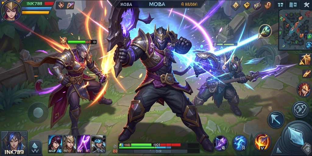 Tampilan gameplay MOBA yang mendebarkan dan penuh aksi.