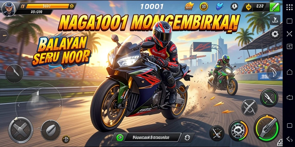 Tangkapan layar NAGA1001 menampilkan aksi balapan motor yang mendebarkan.