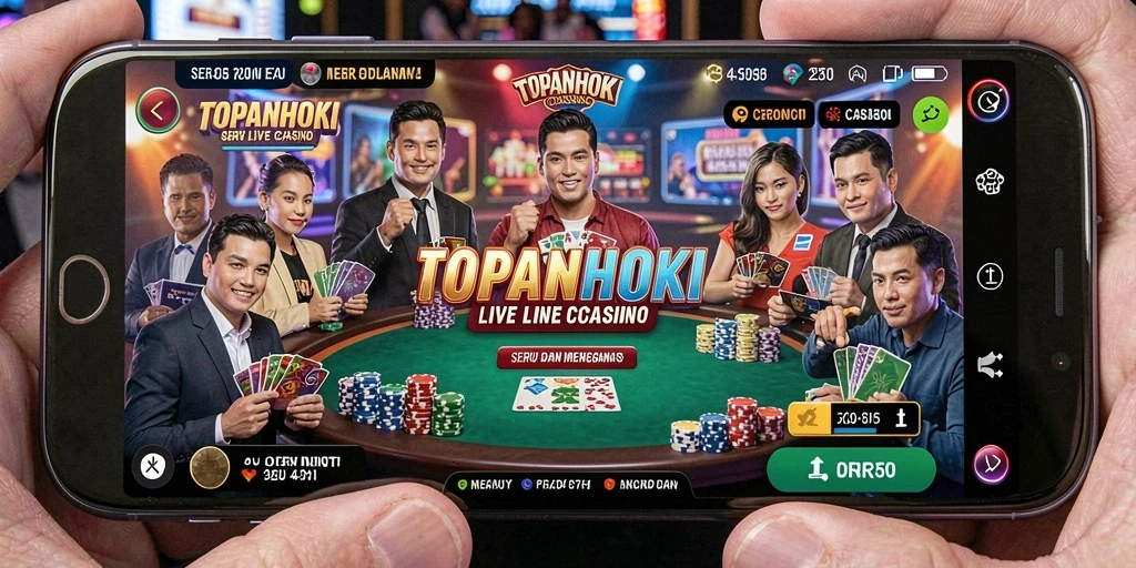 Screenshot gameplay TOPANHOKI menunjukkan dealer langsung dan suasana kasino yang menegangkan.