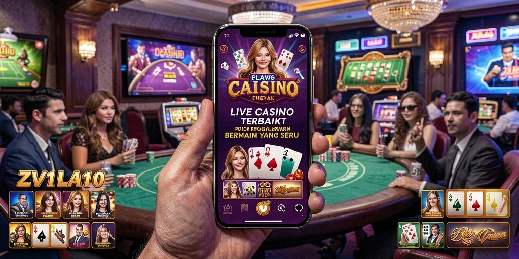 Screenshot utama V21 menampilkan dealer profesional dalam aksi di meja Live Casino.